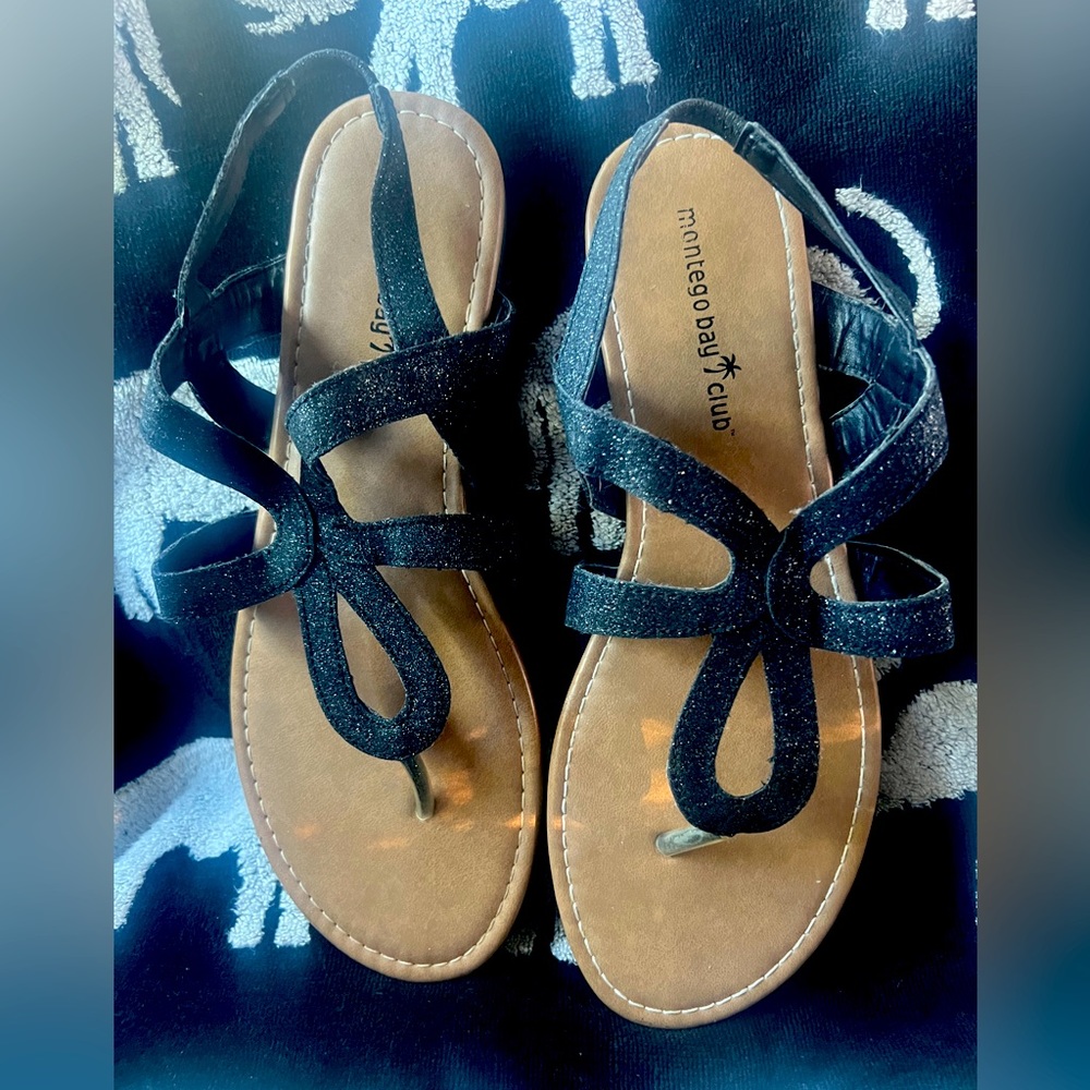 Strappy Flat Sandals Black Sparkly Women Size 11 Montego Bay Club Flat